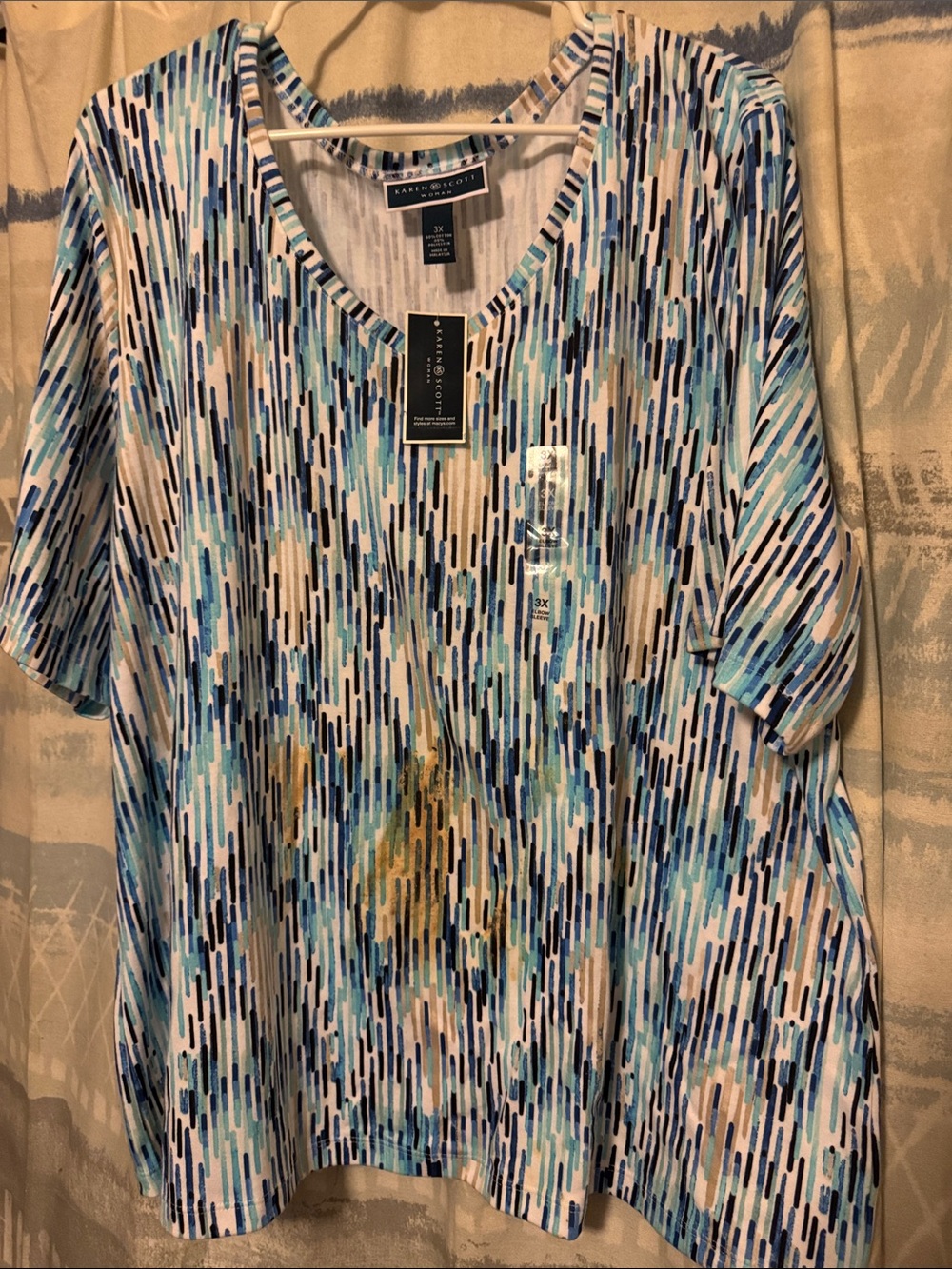 Karen Scott Short Sleeve Crew Neck Shirt in Blue and Tan Abstract Stripe